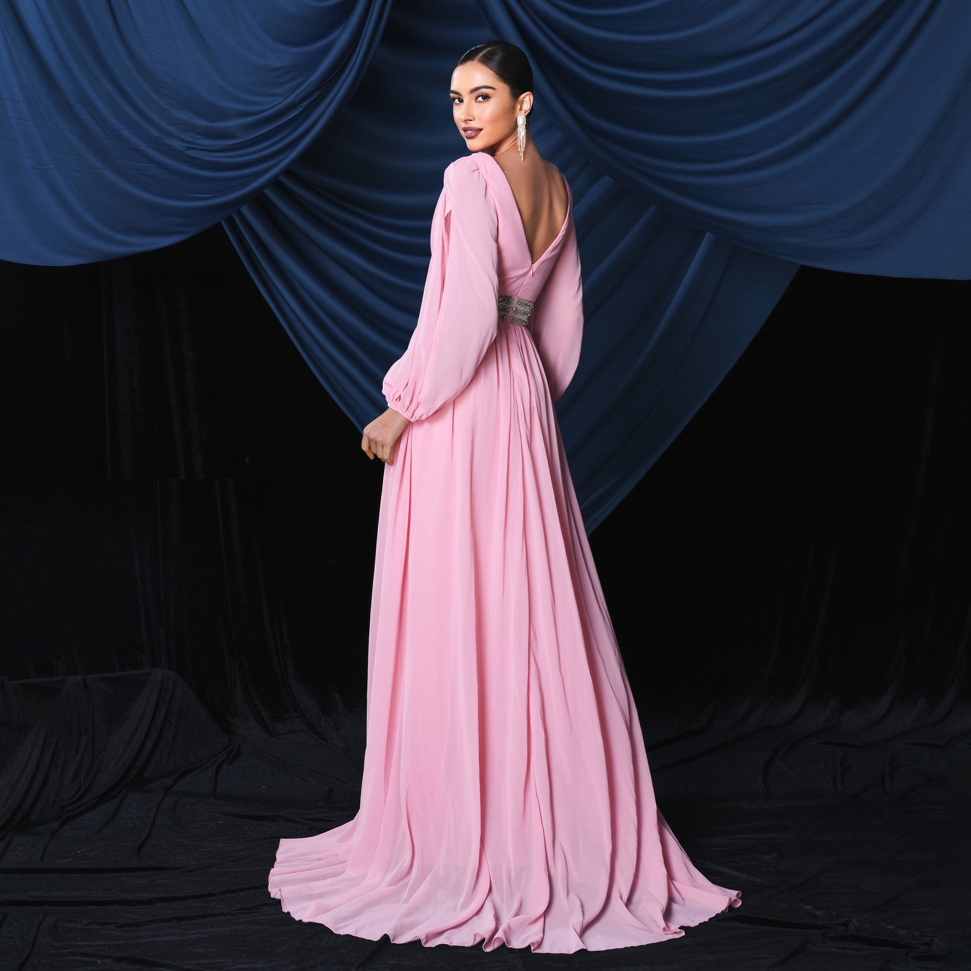 Vestido de cóctel de noche elegante con escote en V y manga larga con abertura larga para dama de honor, vestido de vuelo grande