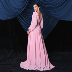Vestido de cóctel de noche elegante con escote en V y manga larga con abertura larga para dama de honor, vestido de vuelo grande