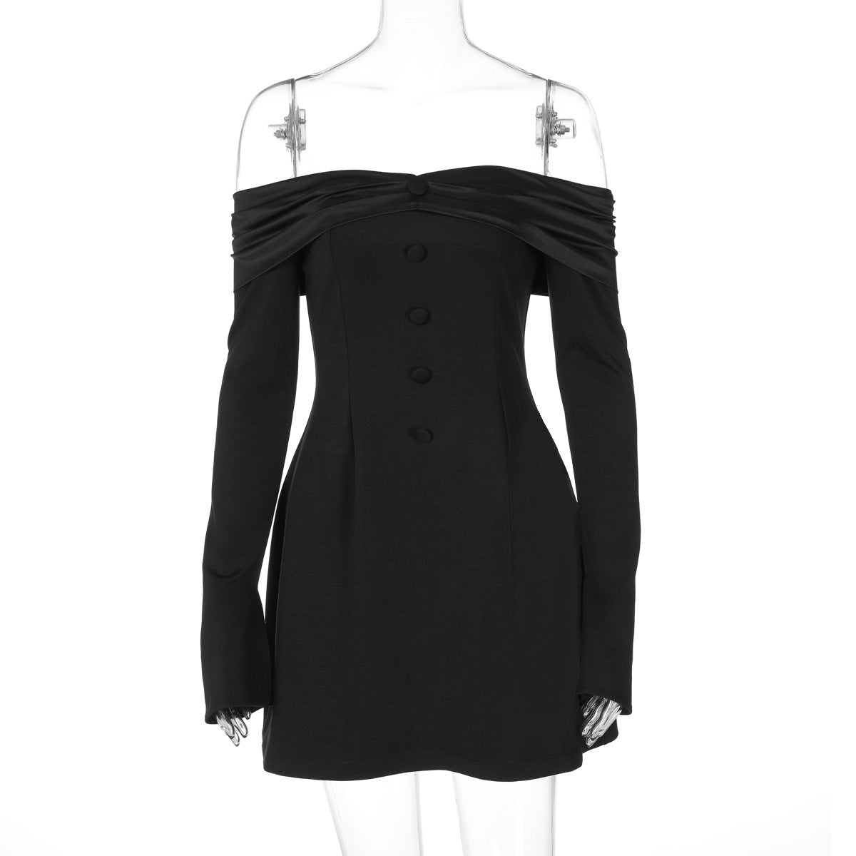 off Neck off the Shoulder Flared Sleeves Waist Slimming Short Dress
