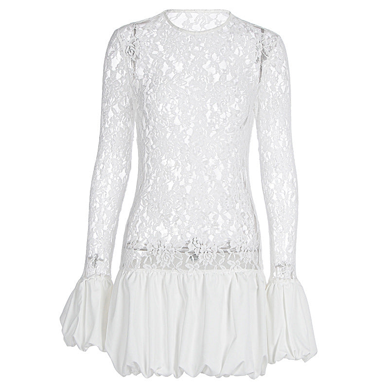 Stylish Long Sleeves See through Lace Tiered