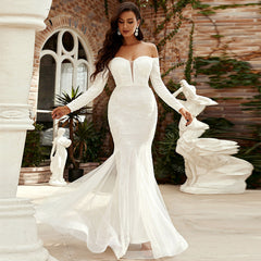 Long Sleeved Elegant Long Sequined off Shoulder Party Evening Dress Bridesmaid Dress