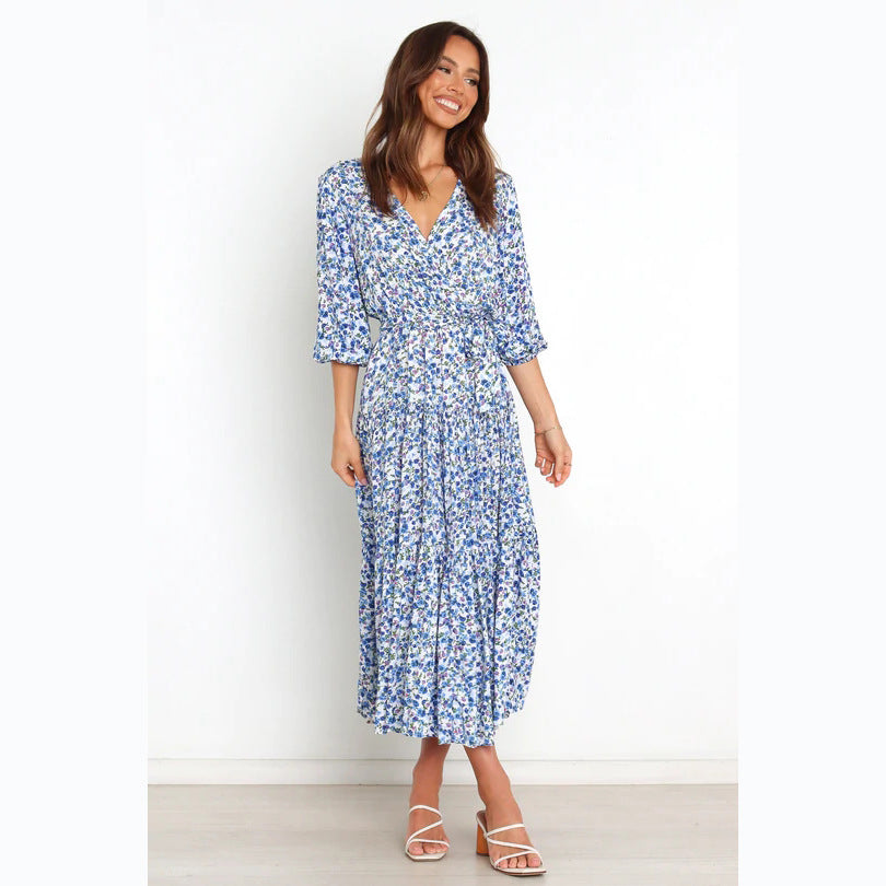 Floral Fresh Sweet Mid-Sleeve V neck Dress