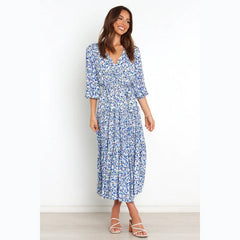 Floral Fresh Sweet Mid-Sleeve V neck Dress