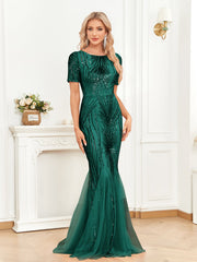 Vestido largo de manga corta con cuentas en color verde, corte entallado, estilo cola de pez, para dama de honor, cóctel o noche.