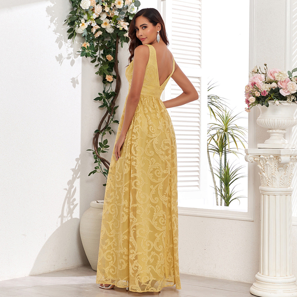 Vestido de noche elegante con escote en V doble y encaje sin mangas con espalda descubierta y cremallera con forro completo para fiesta