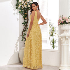 Vestido de noche elegante con escote en V doble y encaje sin mangas con espalda descubierta y cremallera con forro completo para fiesta