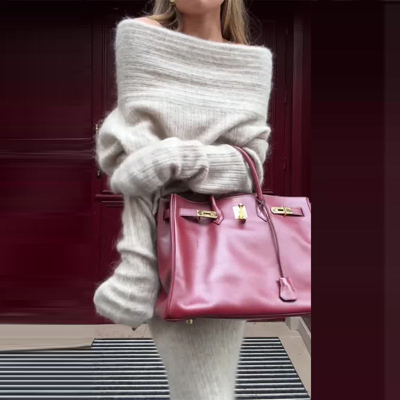 Knitted One-Shoulder Long Sleeves Sweater Skirt Suit