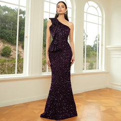 Sleeveless Elegant Long Sequined Diagonal Collar Backless Cocktail Evening Dress Bridesmaid