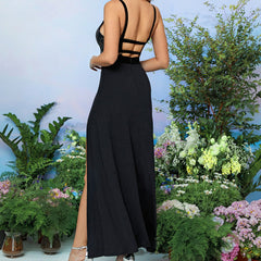 Upper Body Cross Strap Deep V Plunge High Slit Backless Sling Dress Solid Color Sleeveless High Sense Sequ Dress