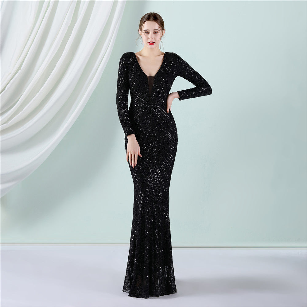 Positioning Floral Sequin Evening Banquet Elegant Long Sleeve Sequined Queen Fishtail Dress