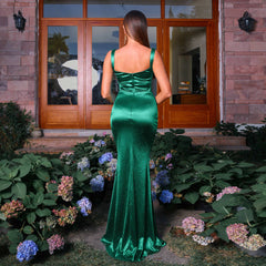 Vestido de noche largo sin mangas, elegante, de color liso, con cuello cuadrado, cintura ajustada y espalda descubierta