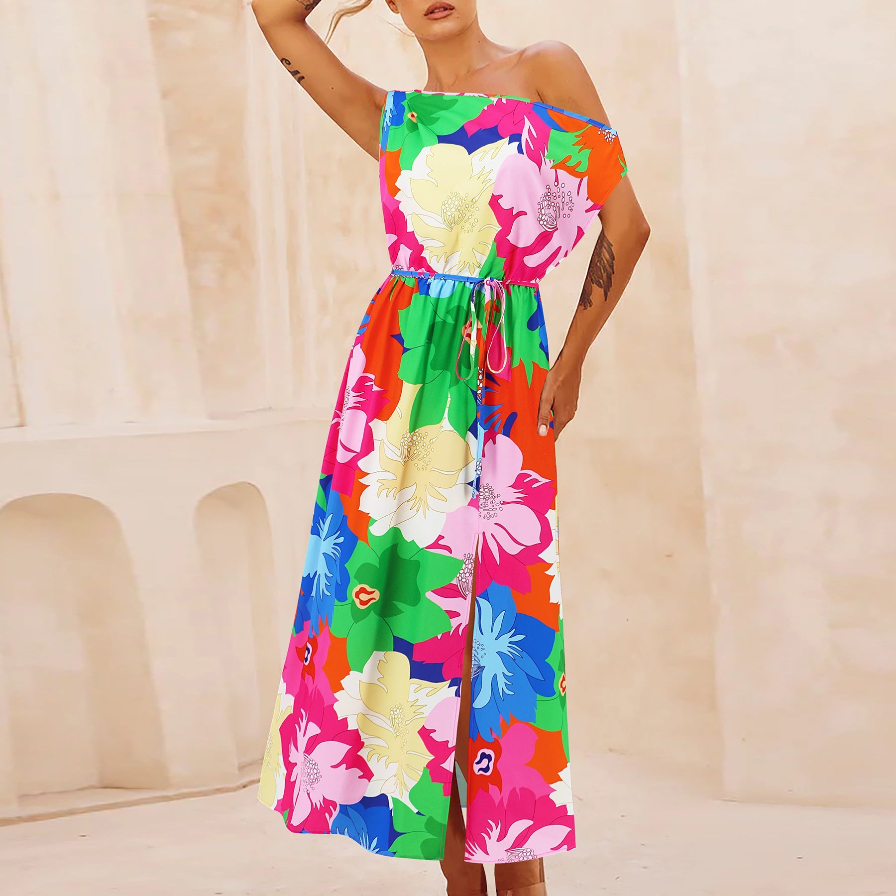 Elegant Slim Printed Dress Off Neck Slit Belt Dress