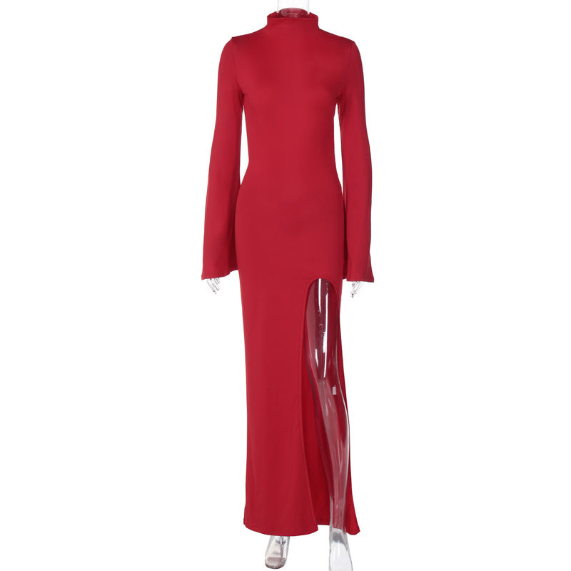 Bell Sleeve Backless Slit Maxi Dress Slim Fit Dress