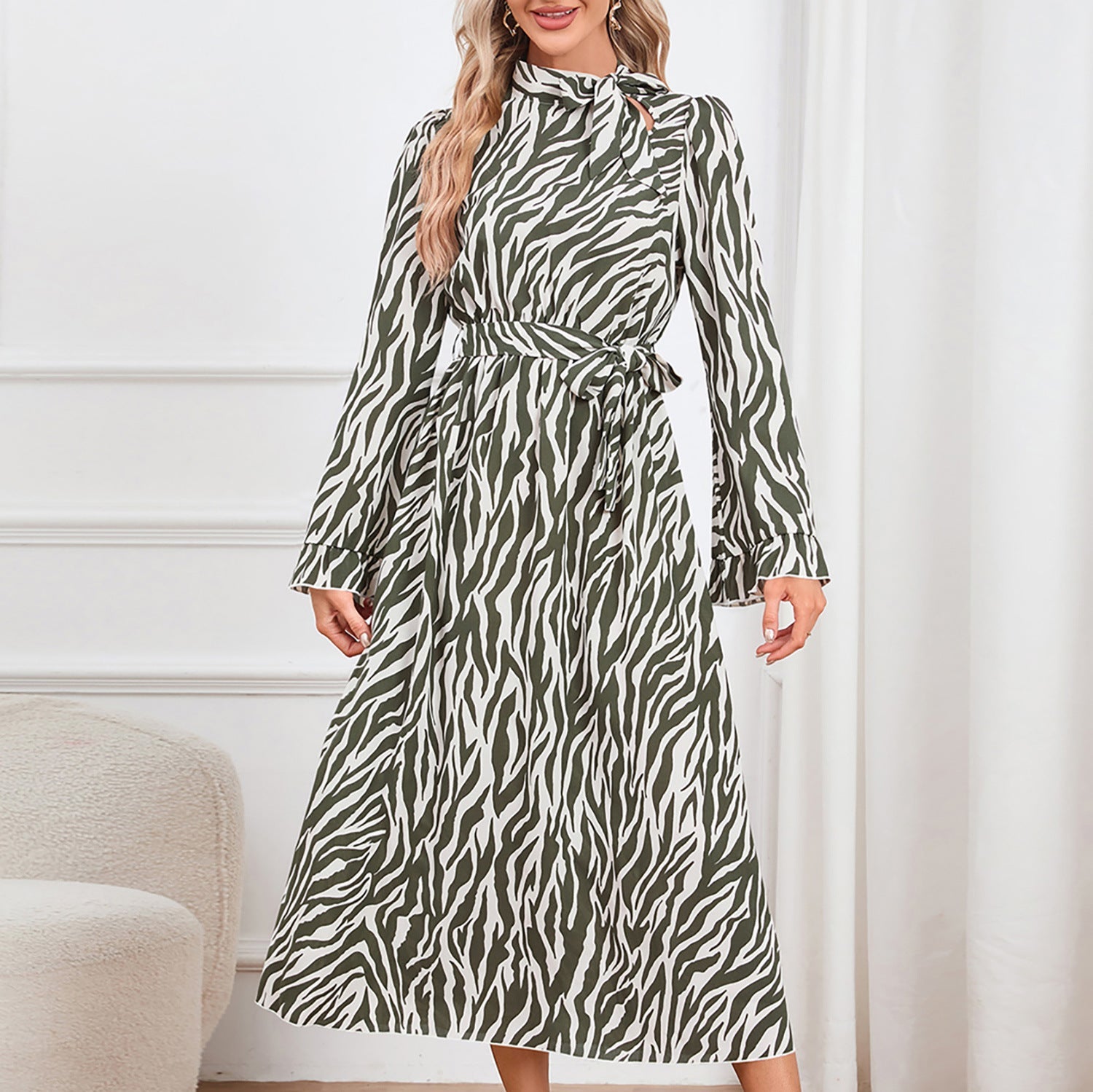 Slim Elegant Flare Sleeve StCollar Thin Strap Dress Leopard Print Printed Maxi Dress