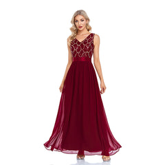 Double V Neck Sleeveless Sequined Chiffon Floor Length A Line Evening Dress Thirteen Party Dress