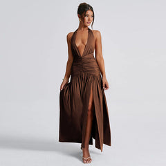 Elegant Halter V neck Dress Slit Pleated Backless Dress