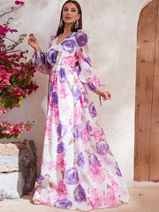 Printed Dress Chiffon V Neck Printed Puff Sleeve Long Sleeve Dress