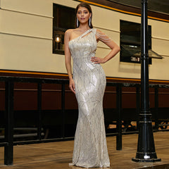 Vestido de cóctel de noche elegante sin mangas con hombros descubiertos, largo con lentejuelas y cuello diagonal para dama de honor