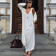 Camisón largo de punto blanco sin mangas para otoño, suelto, de punto suave, para mujer, para el hogar, se puede usar al aire libre