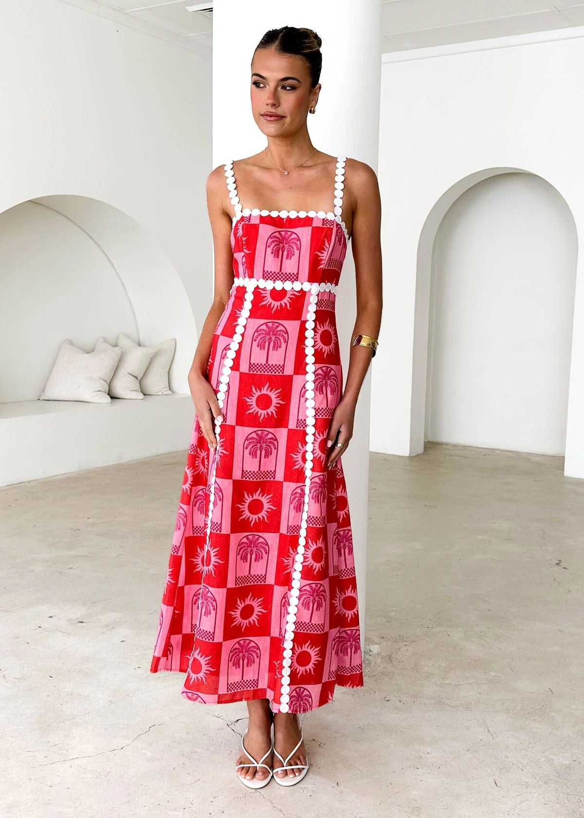 off Neck Lace Printing Suspenders Dress