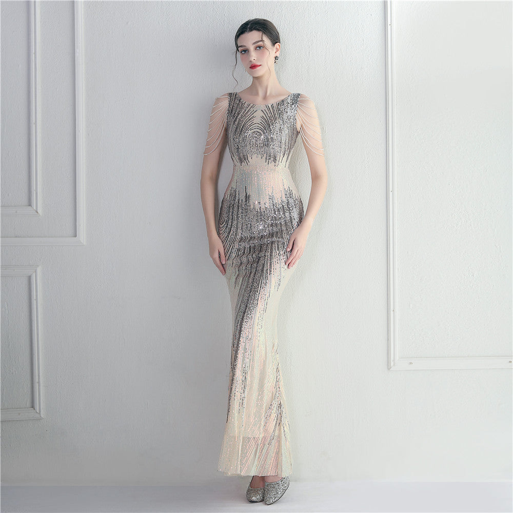 Positioning Floral Sequin Craft Beaded Party Dinner Ceremony Concert Maxi Dress Evening Dress