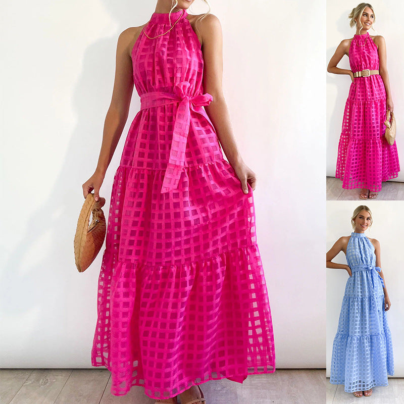 StCollar Solid Color Plaid Retro Maxi Dress Casual Dress for