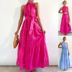 StCollar Solid Color Plaid Retro Maxi Dress Casual Dress for