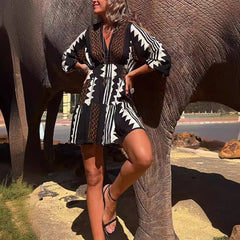 Positioning Printing Long Sleeve V neck Swing Dress