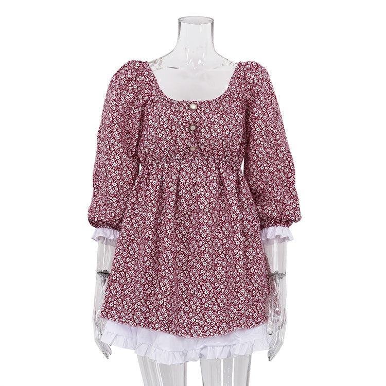Printed Dress Puff Sleeve Square Collar Slimming A line Dress Floral Dress