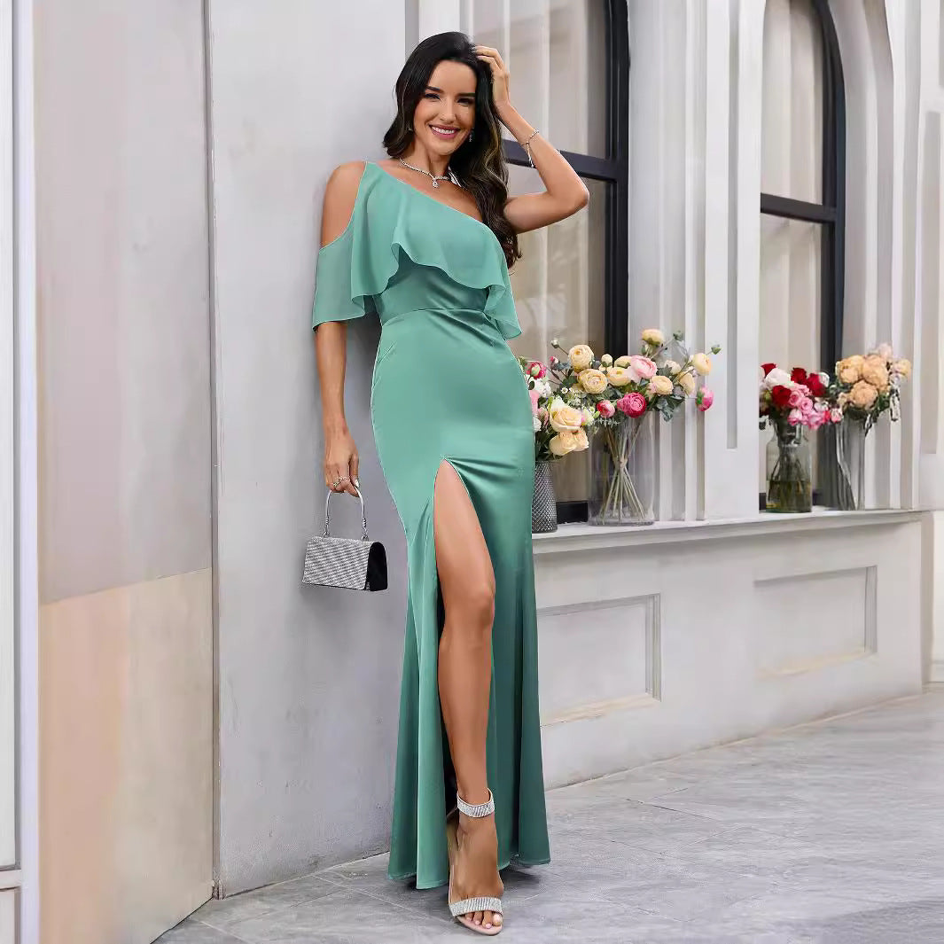 Diagonal Collar off the Shoulder Dress Solid Color Waist Tight Elegant Graceful Dress High Slit Maxi Dress