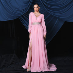Vestido de cóctel de noche elegante con escote en V y manga larga con abertura larga para dama de honor, vestido de vuelo grande