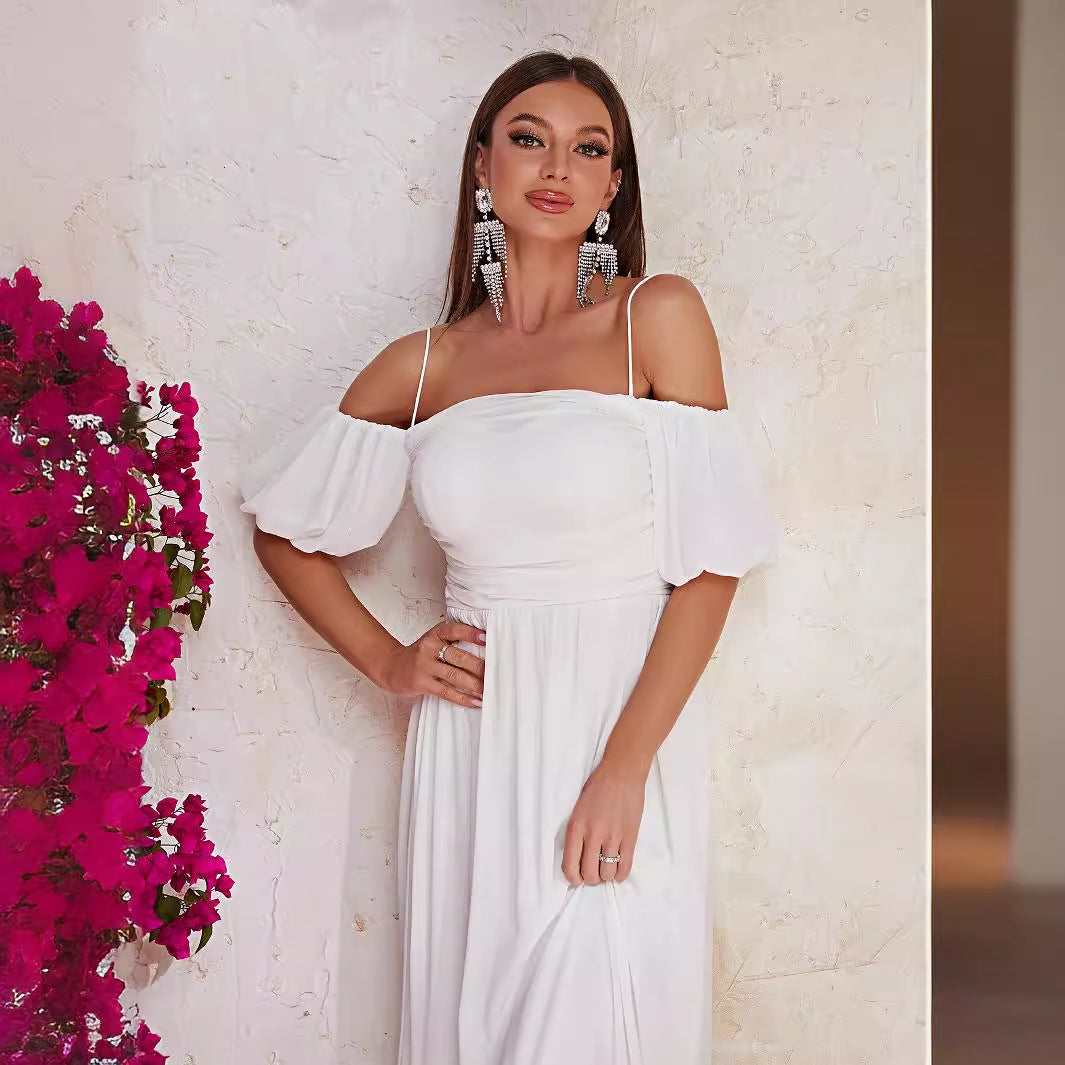 Off Shoulder White Maxi Dress Short Sleeve Prom Evening Dress Long Casual Holiday Dress