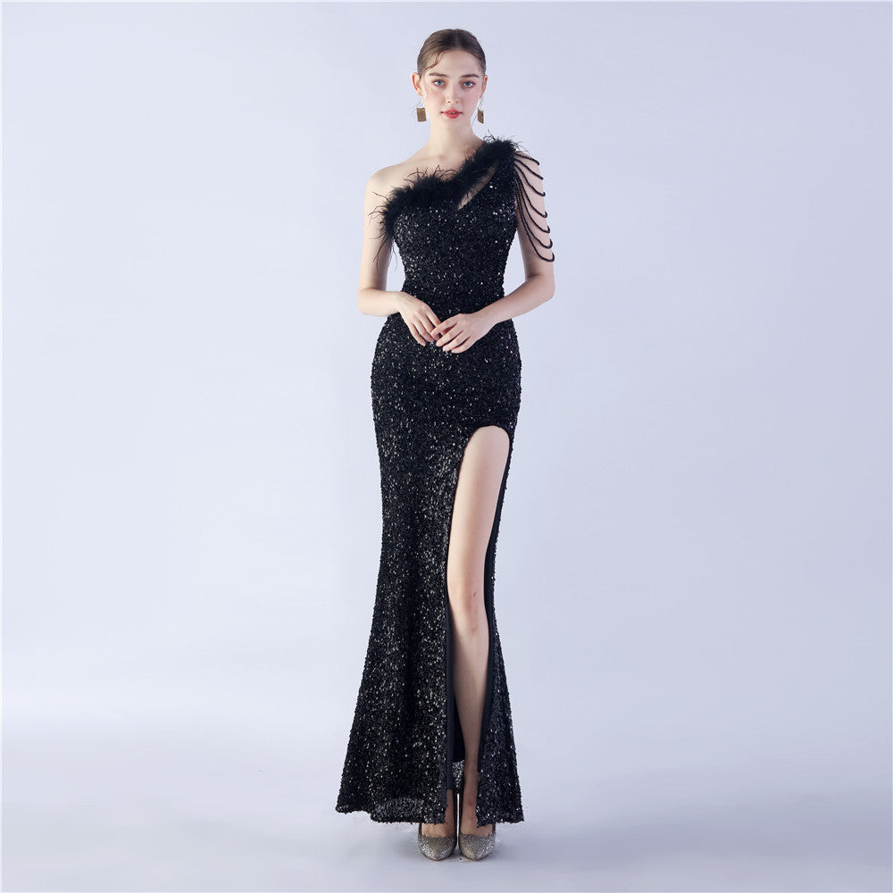Ostrich Hair Craft Oblique Shoulder Side Slit High End Evening Dress