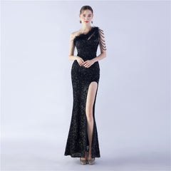 Ostrich Hair Craft Oblique Shoulder Side Slit High End Evening Dress