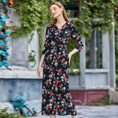 V neck Shirt Sleeve Printing High Waist Long Casual Dress