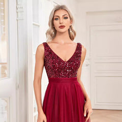 Vestido de dama de honor de gasa con escote en V doble, sin mangas, corte A, dobladillo grande, costura de lentejuelas, vestido de noche