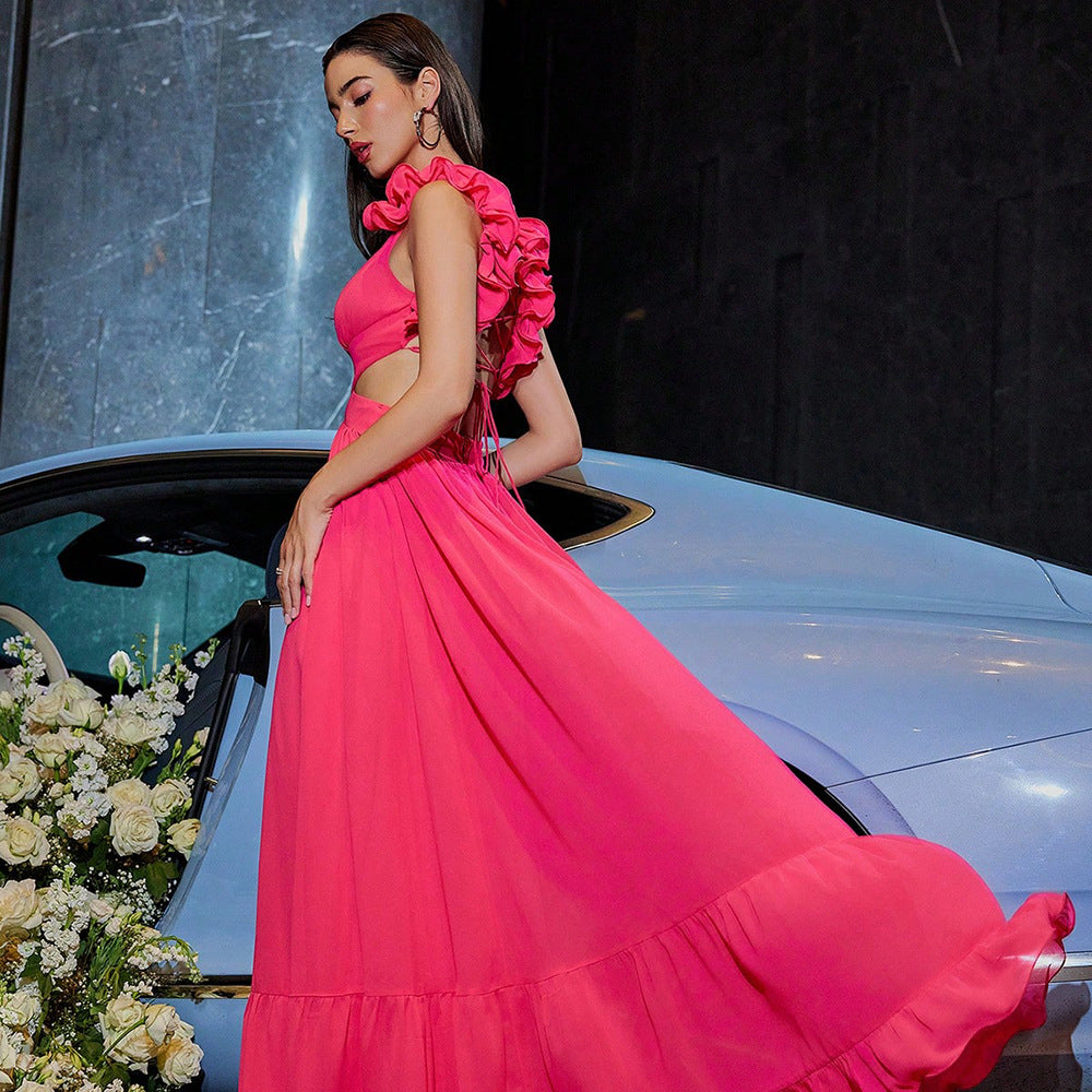 Popular Chiffon Floral Dress Backless Cross Rope Pleated Large Swing Dinner Dress