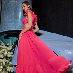 Popular Chiffon Floral Dress Backless Cross Rope Pleated Large Swing Dinner Dress