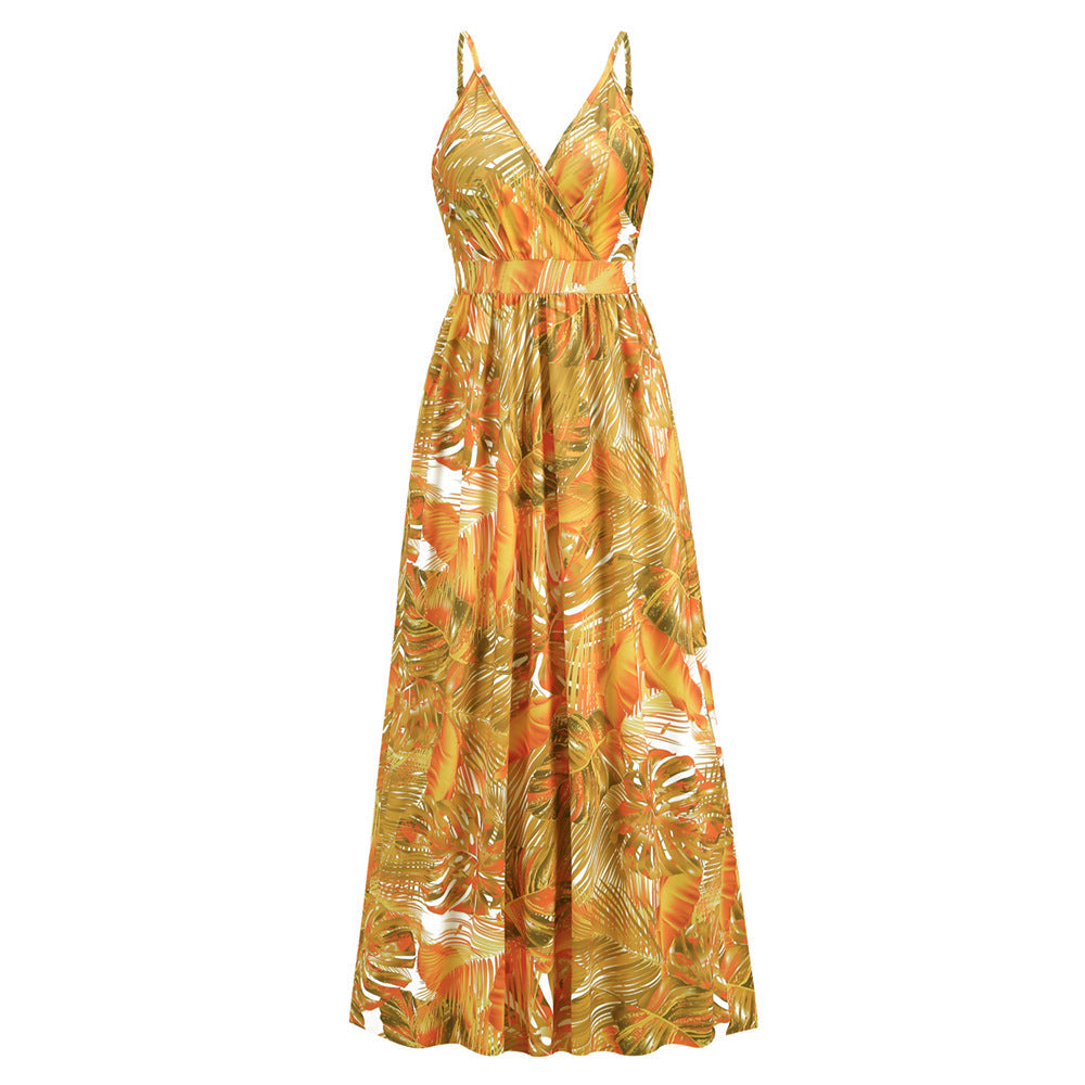 Bohemian Printed Maxi Dress V neck Strap Dress