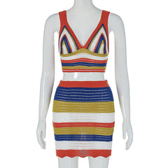 Colorblock Sling Slim Fit Hip Wrapped Short Dress Knitting Suit