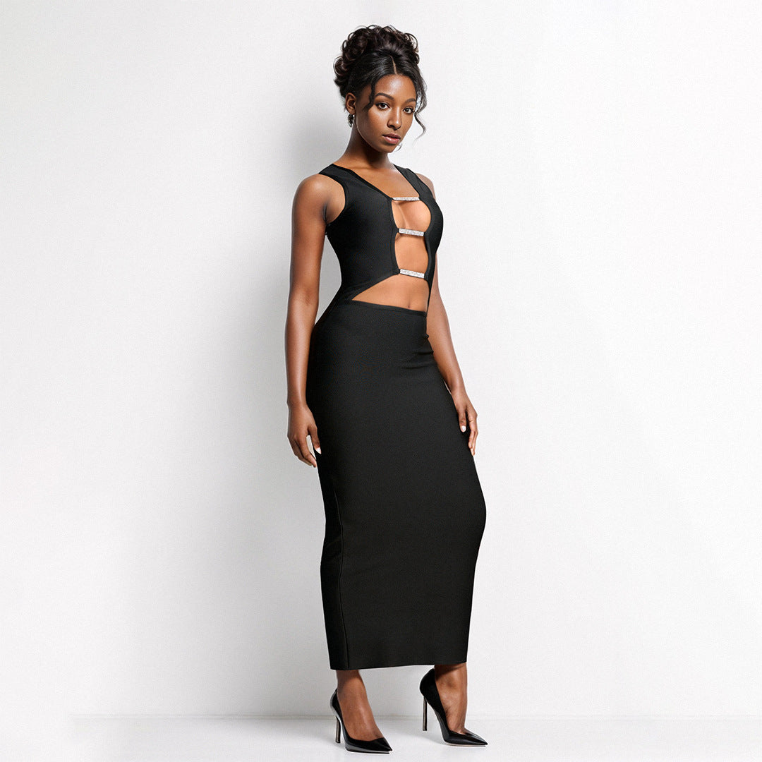 Black Cutout Nightclub Party Dress Lace up Design Slim Fit