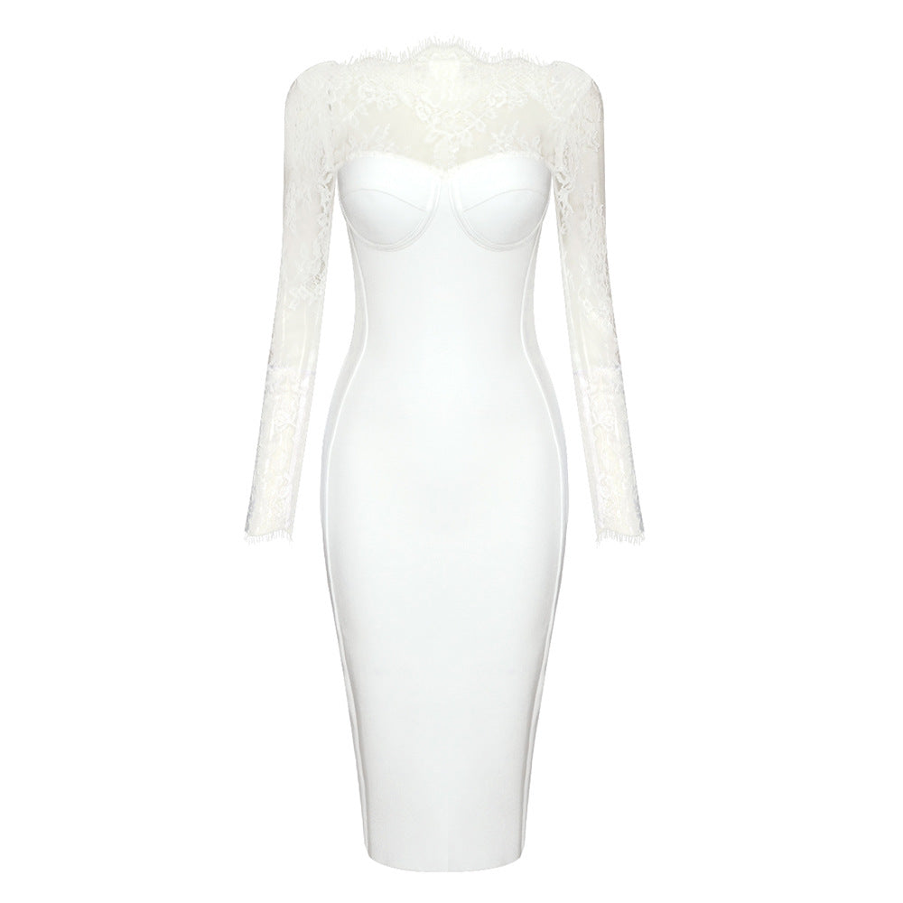 White Long Sleeve Lace Dress Backless Wear