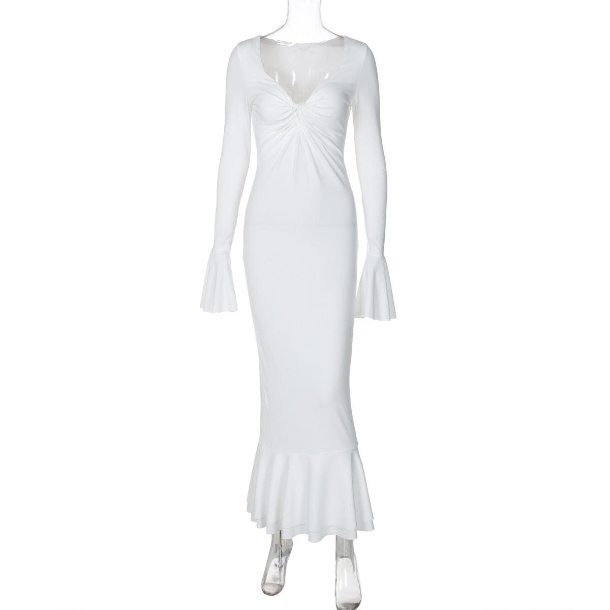 V neck Long Sleeve Ruffled Slim Fit Hip Dress