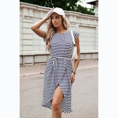 Striped Lace-up Four Colors Irregular Asymmetric Dress