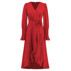 V Neck Flounce Dress Smocking Slim Fit