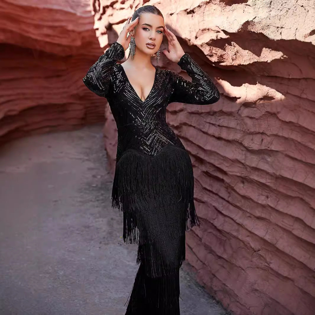 Long Sleeve Black Tassel Dinner Sequ Dress