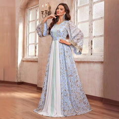 High Class Dubai Maxi Middle East Dress Printed V neck Long Sleeve Ethnic Dress