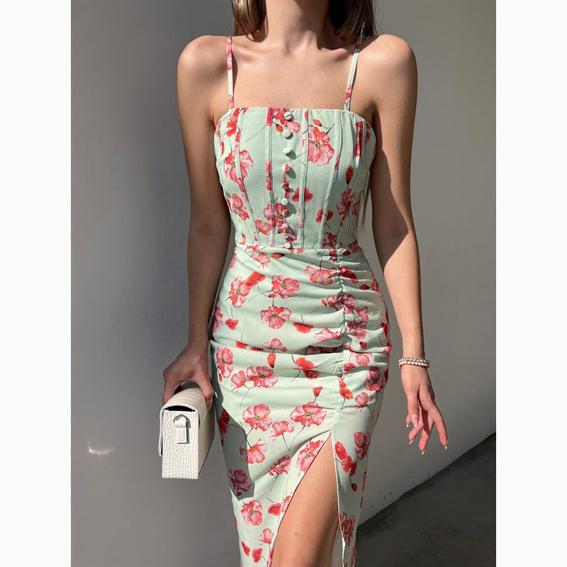 Internet Floral Digital Printing off-Neck Strap Dress