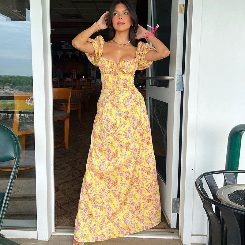 Fall Square Collar Puff Sleeve Floral Tie Neck