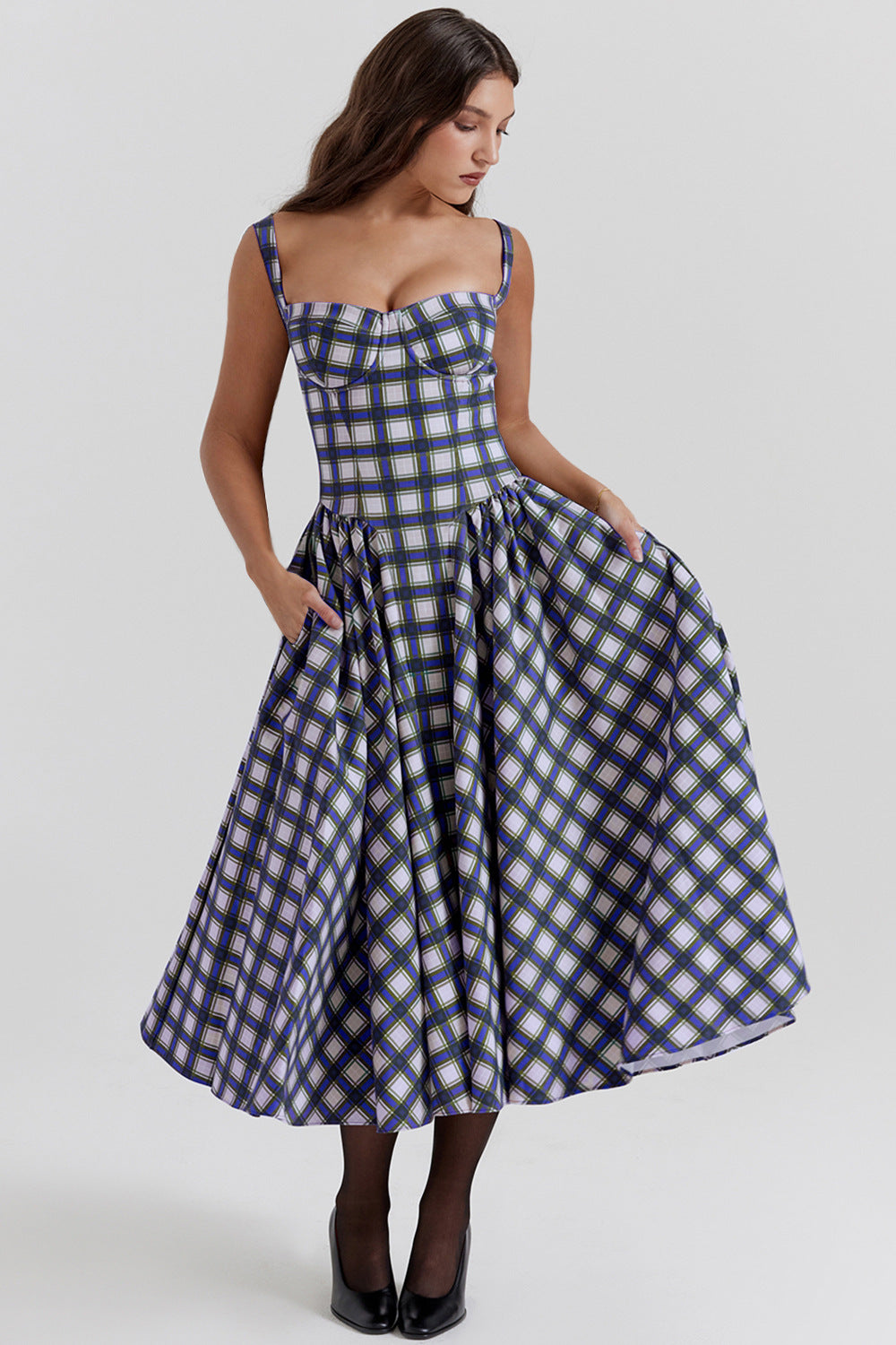 Vestido estilo europeo con cuello en U y cuadros, cintura estrecha, estilo retro, con vuelo grande